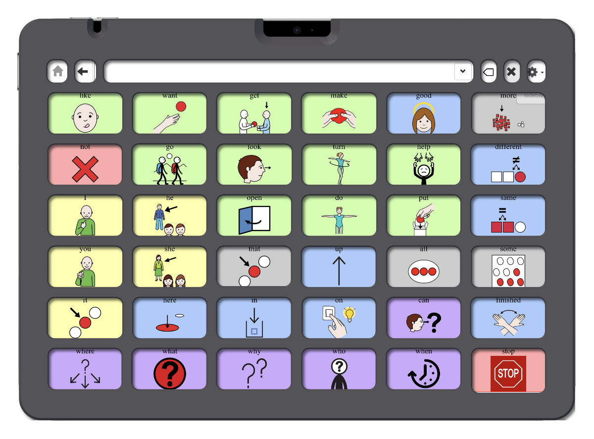 An iPad running CoughDrop with its keyguard fitted