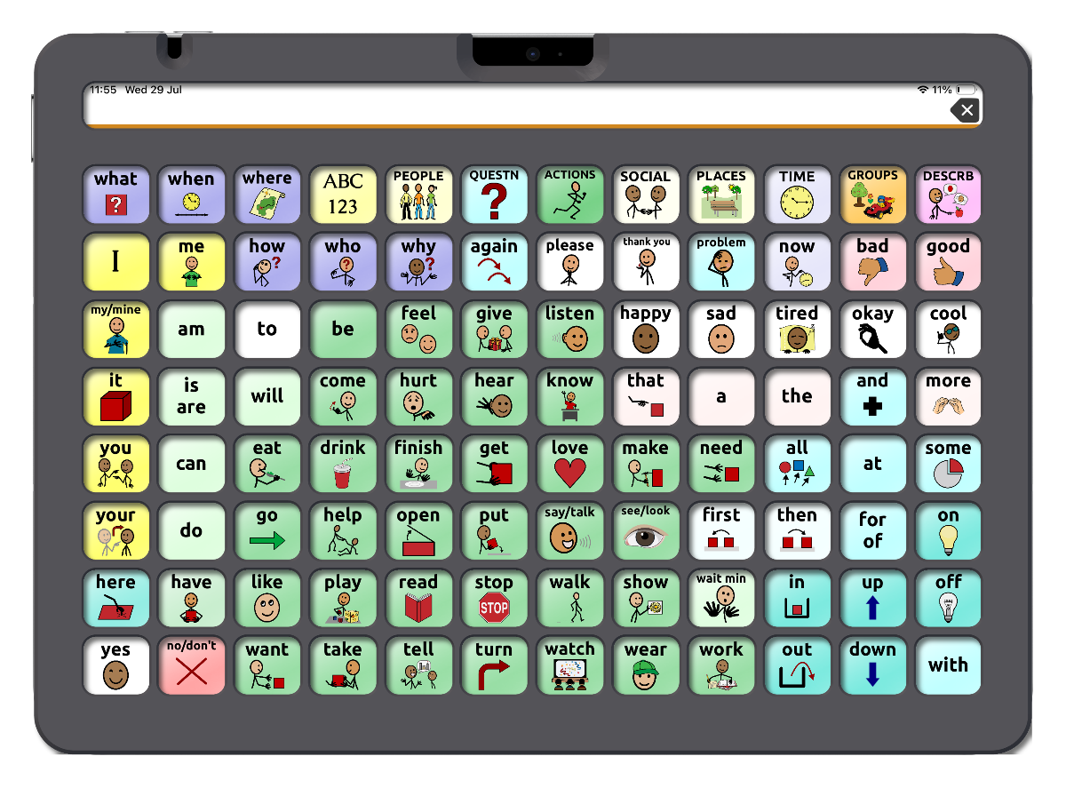 The same board under its keyguard — 97 openings, one for each cell