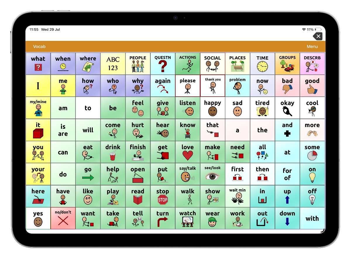 A TouchChat HD board on an iPad: a grid of symbol cells with a message bar along the top