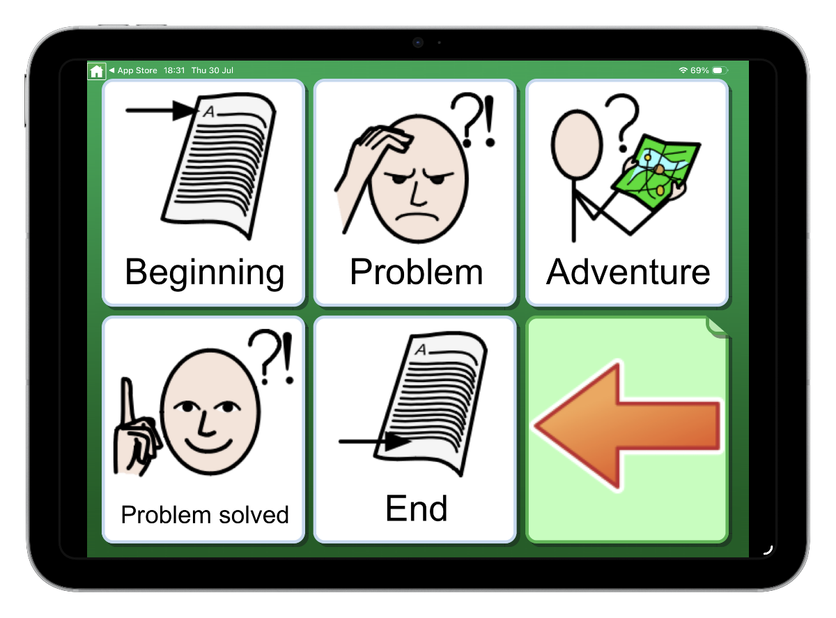 A Widgit Go board on an iPad: a grid of symbol cells with a message bar along the top